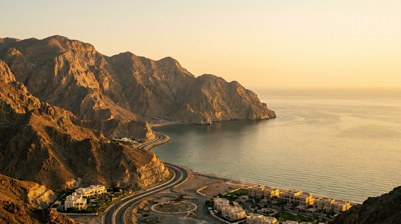 Golden-hour view of the Ras Al Khaimah coastline and the Hajar mountains